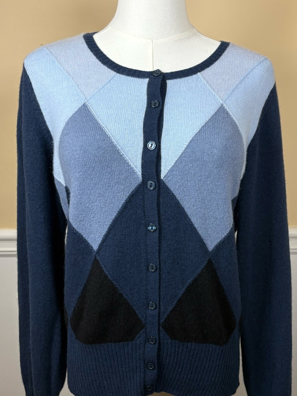💙 Wendy B Cashmere Petite L Blue Argyle 100% Cashmere Cardigan